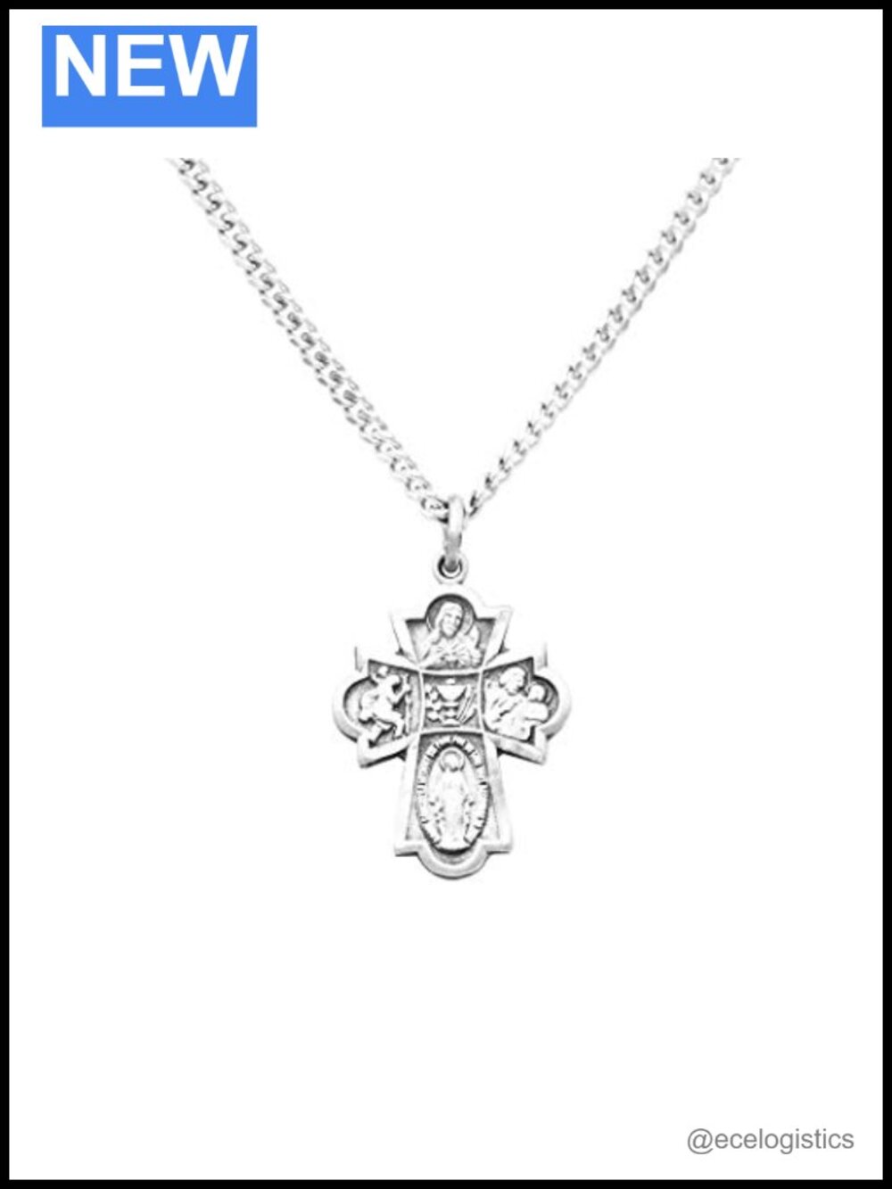 Four Way Cross Pendant Necklace First Communion 18" Pewter Stainless Steel